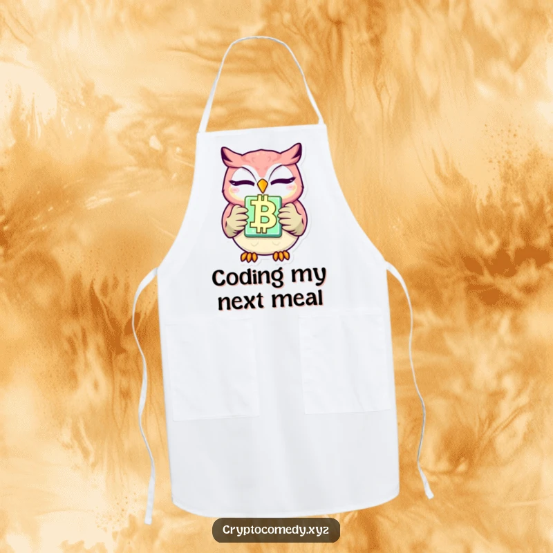 Funny winking owl apron designed for crypto enthusiasts, holding a glowing blockchain block. A humorous and practical kitchen gift.