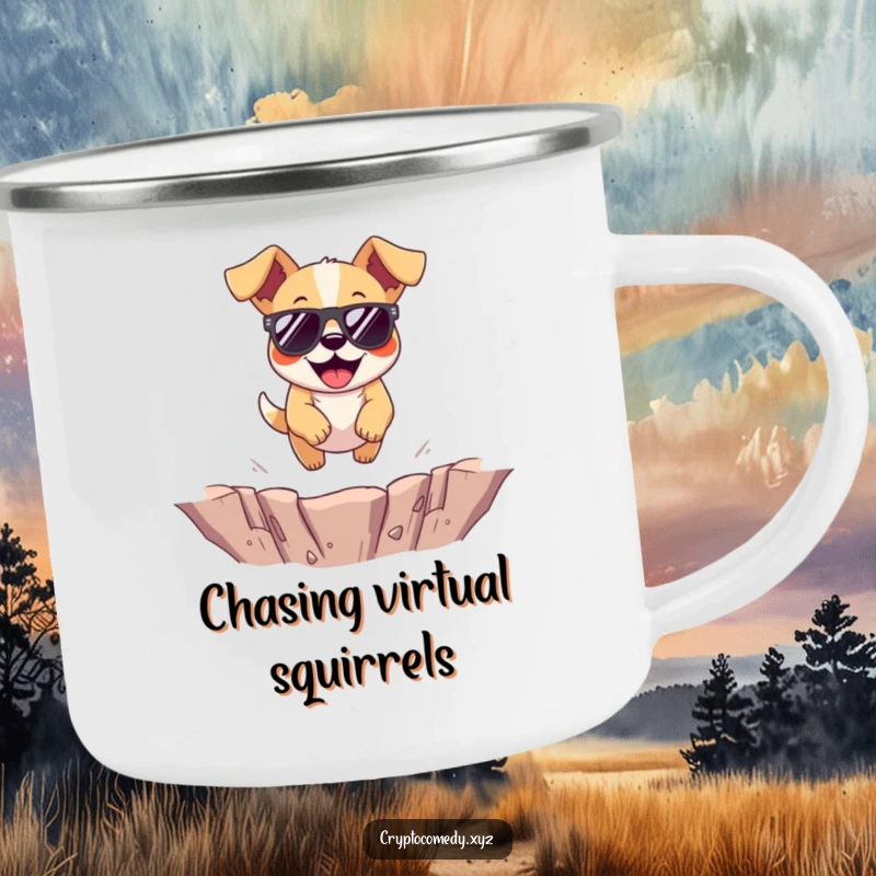 Funny dog camping mug featuring a cheerful dog wearing sunglasses jumping over a virtual pit.