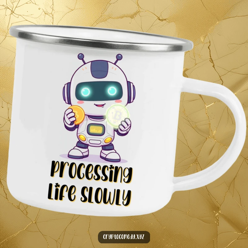 Funny robot camping mug showing a happy robot with a shy smile holding a glowing digital coin.