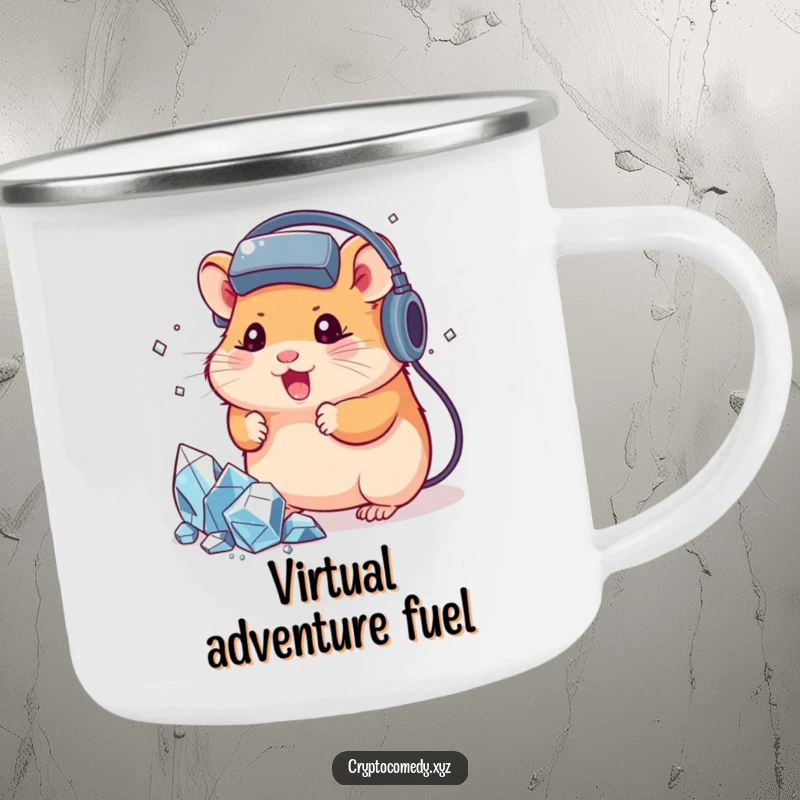 Funny hamster wearing a headset, mining virtual crystals, durable camping mug for gamers, outdoor adventures, humorous design.