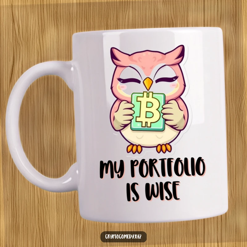 Funny winking owl mug holding a glowing blockchain block, symbolizing crypto success and wit. Ideal for tech enthusiasts seeking a humorous gift.