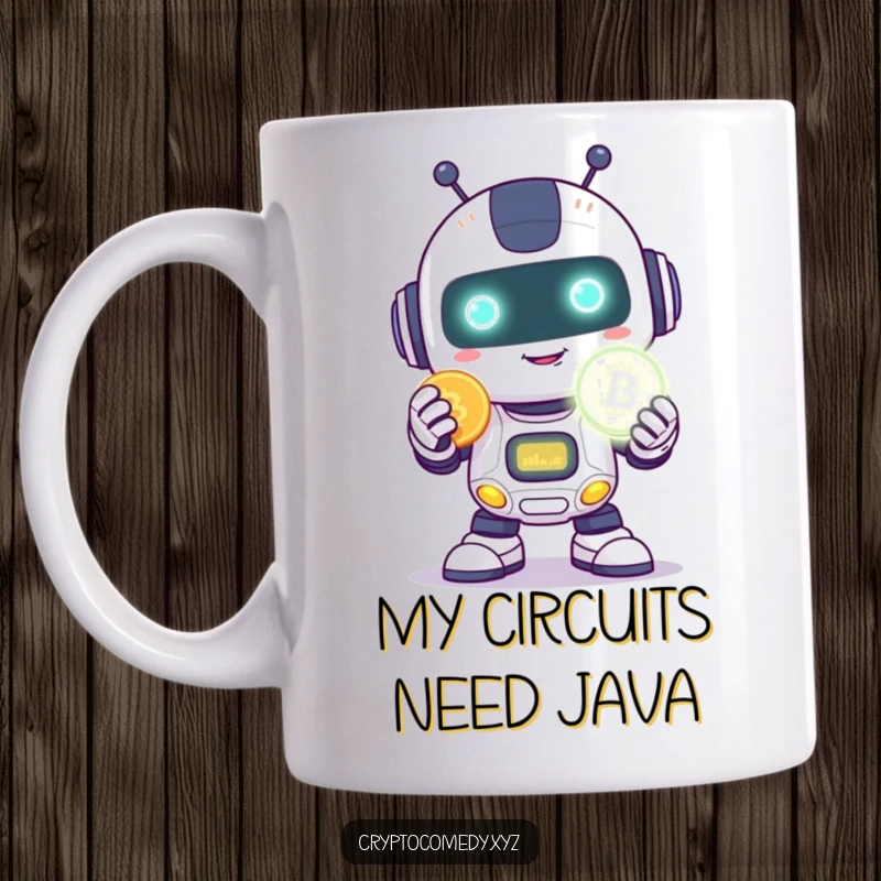 Funny robot mug featuring a happy robot with a shy smile holding a glowing digital coin.