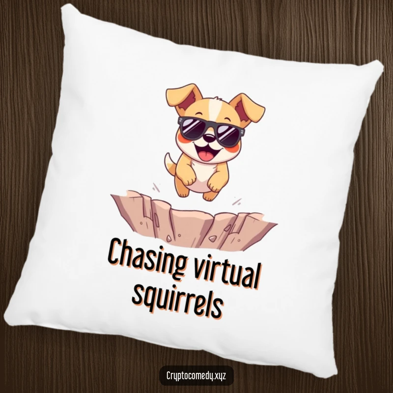 Funny dog pillow featuring a cheerful dog wearing sunglasses mid-jump over a virtual pit.