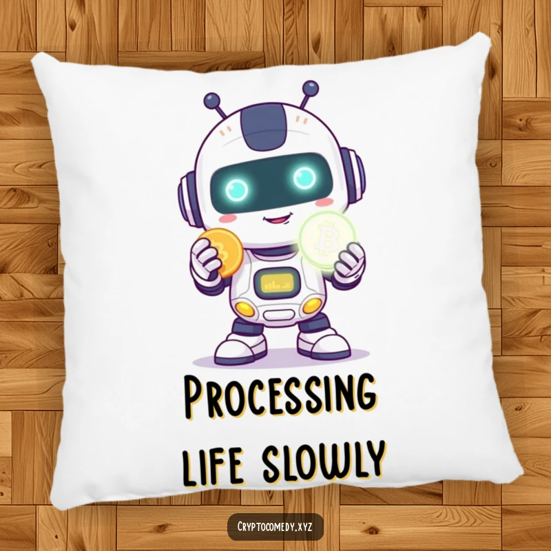 Funny robot pillow featuring a happy robot with a shy smile holding a glowing digital coin.