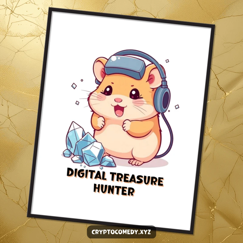 Funny hamster, wearing a headset, mining virtual crystals, printable digital art, gamer wall decor, humorous and vibrant.