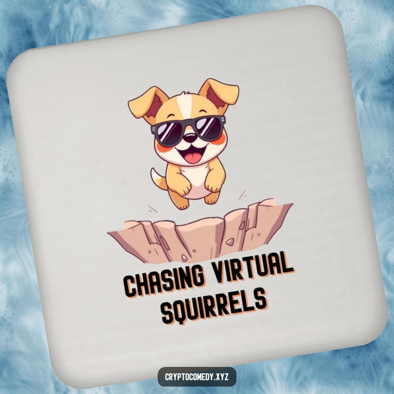 Funny dog coasters with a cheerful dog wearing sunglasses jumping over a virtual pit.