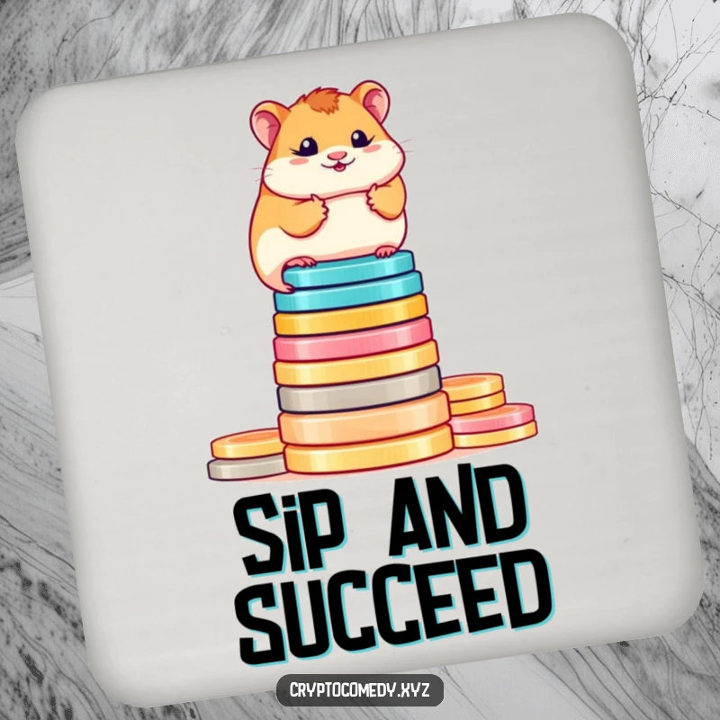 Funny determined hamster coaster balancing on digital coins. A humorous and practical accessory for crypto enthusiasts.