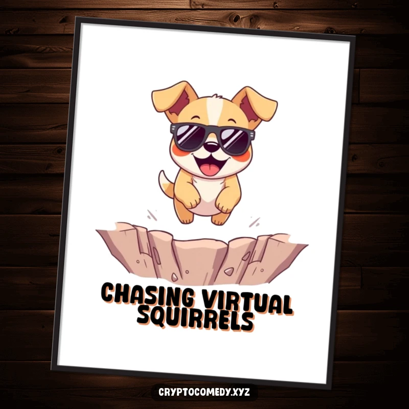 Funny dog poster with a cheerful dog wearing sunglasses as it jumps over a virtual pit.