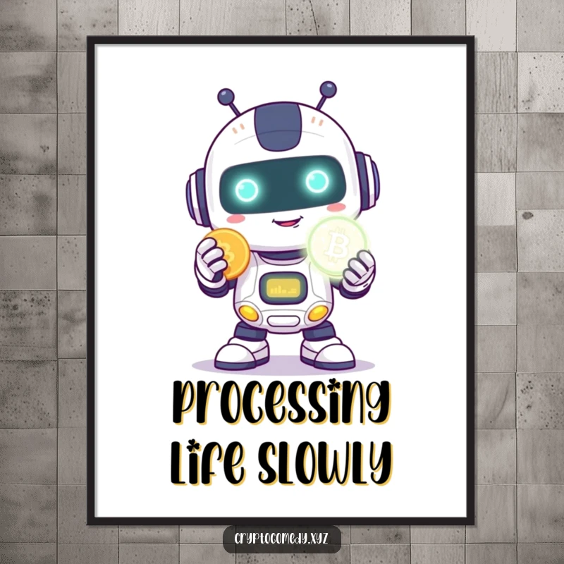 Funny robot poster with a happy robot with a shy smile holding a glowing digital coin.