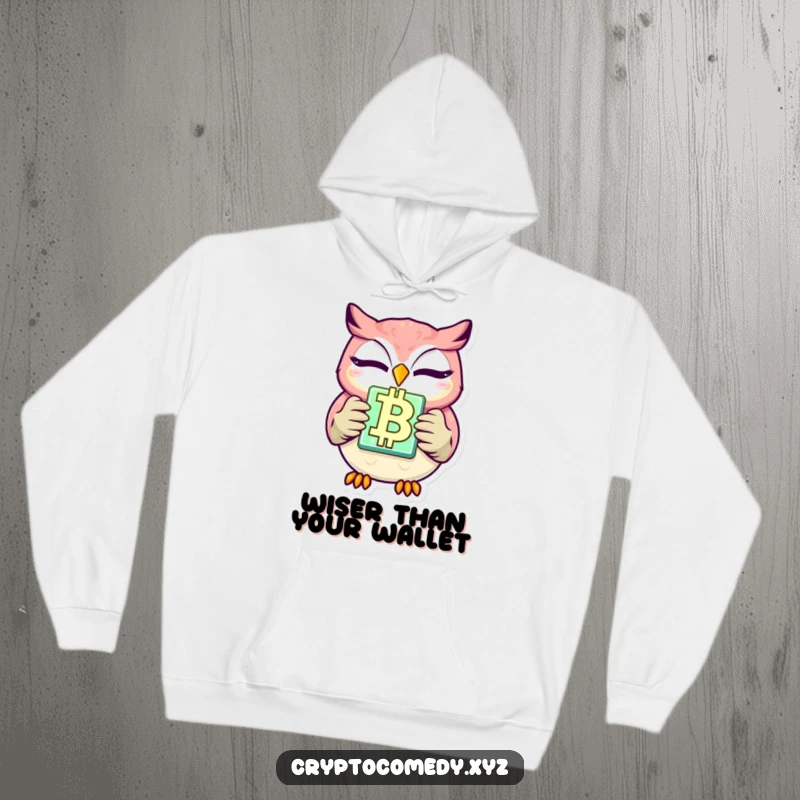 Funny winking owl hoodie clutching a luminous blockchain block. A comfortable and amusing gift for crypto lovers and technology fans.