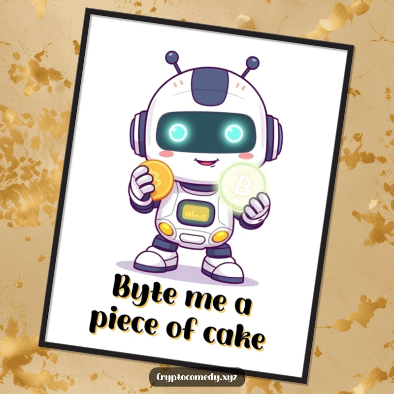 Funny free printable wall art: a happy robot with a shy smile proudly holds a bright, glowing digital coin.