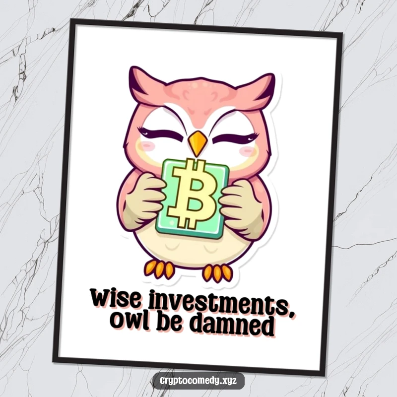 Funny Free Printable Wall Art: A winking owl with a knowing grin holds a glowing blockchain block, perfect for crypto lovers.