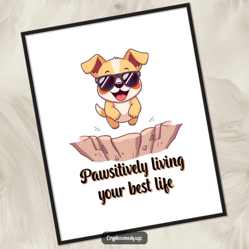 Funny free printable wall art: a cheerful dog sporting sunglasses executes a dynamic jump over a virtual hazard.