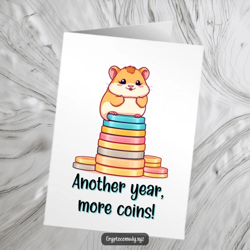 Funny Free Printable Birthday Card: A determined hamster precariously balances on a stack of colorful digital coins, celebrating big.