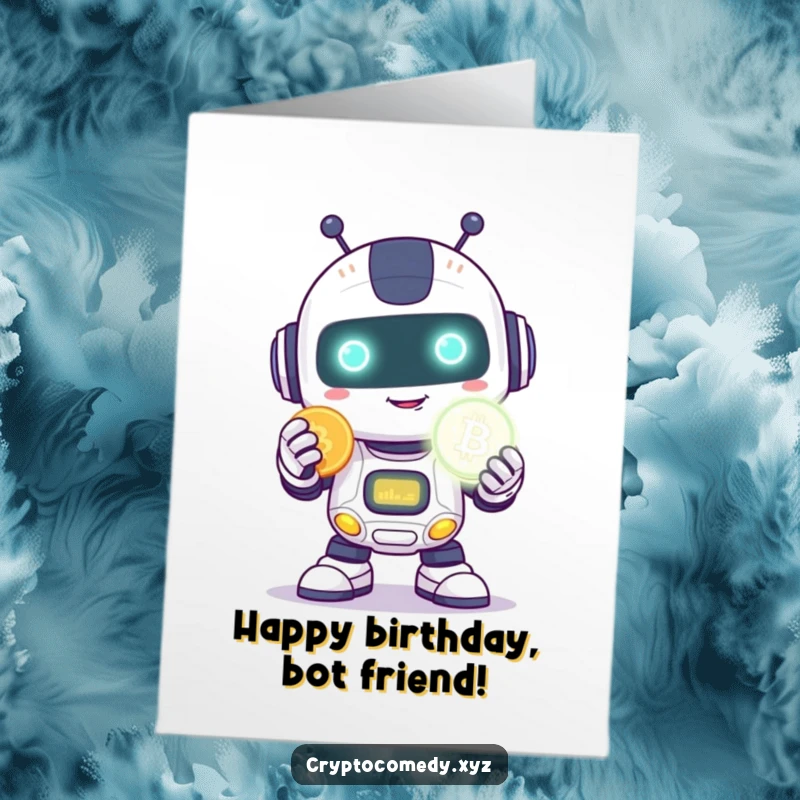 Funny free printable birthday card: a happy robot with a shy smile clutches a glowing digital coin, celebrating.