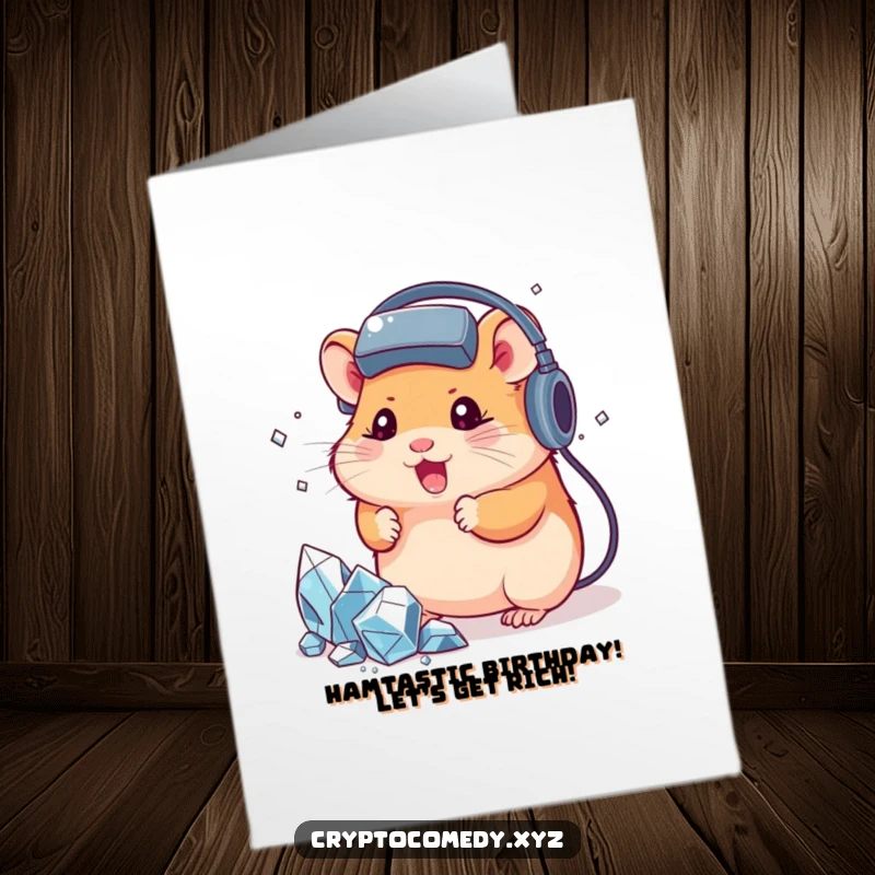 Funny Free Printable Birthday Card: Determined hamster gamer with headset mining crypto, designed for laughs.
