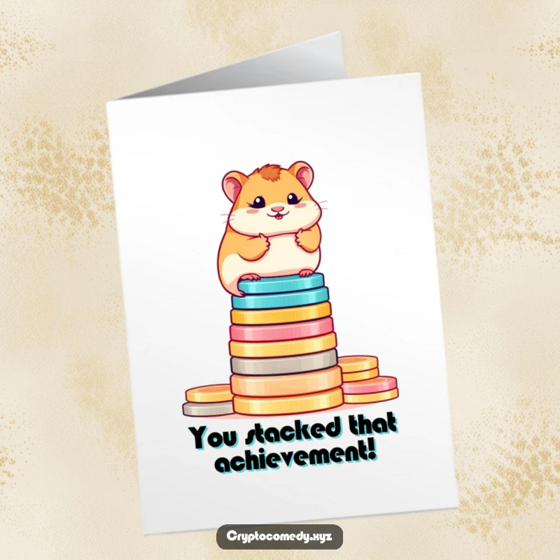 Funny Free Printable Congratulations Card: A determined hamster expertly balances on a colorful pile of digital coins, saluting success.