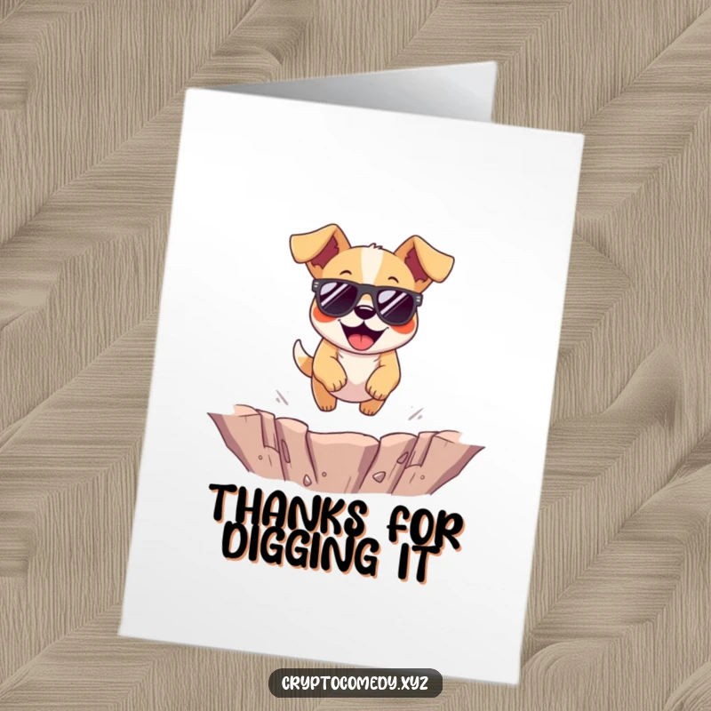 Funny free printable thank you card: a cheerful dog wearing sunglasses jumps stylishly over a virtual pit, saying thanks.