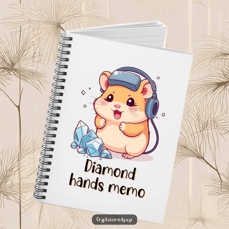 Funny hamster with a headset, mining virtual crystals, lined notebook for gamers, crypto enthusiasts, humorous cover art.