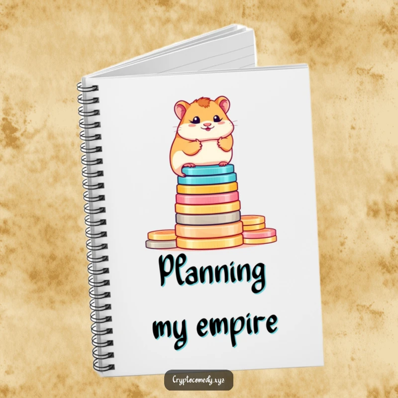 Funny determined hamster crypto notebook with coins, perfect for journaling investment strategies. A humorous and practical gift.
