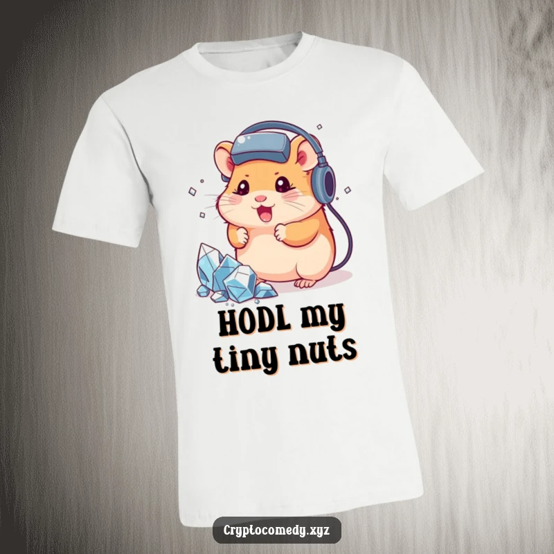 Funny determined hamster with a headset, mining virtual crystals, symbolizing gamer and crypto life, on a comfortable tee.