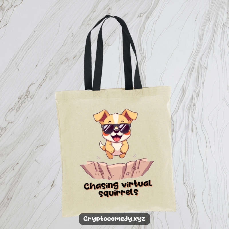Funny dog tote bag featuring a cheerful dog wearing sunglasses jumping over a virtual pit.